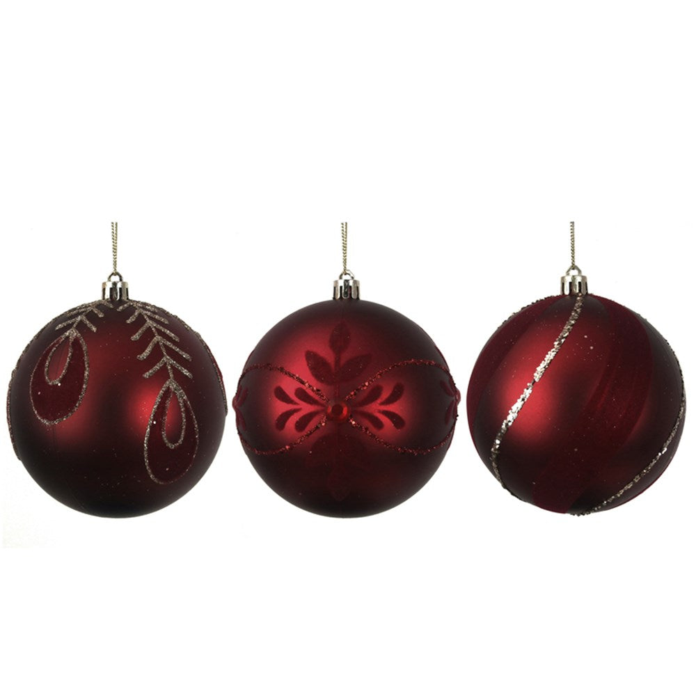 3A 10CM BURGUNDY BAUBLE W/FLOCKING & GLITTER DETAILS IN PDQ