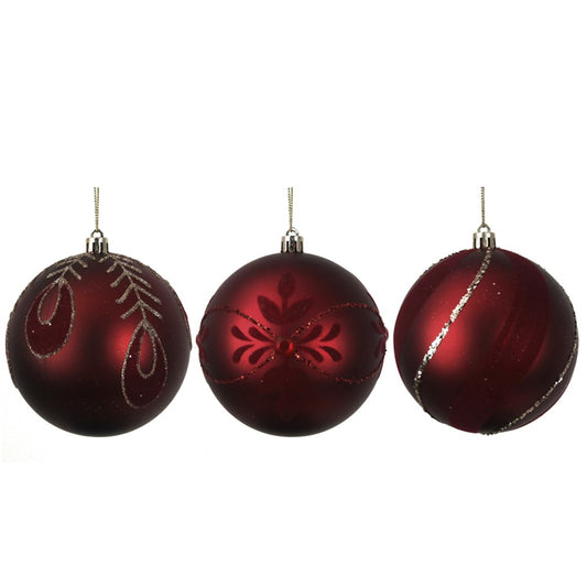 3A 10CM BURGUNDY BAUBLE W/FLOCKING & GLITTER DETAILS IN PDQ
