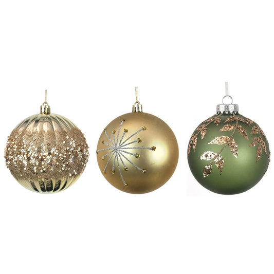 3A 10CM SAGE & CHAMPAGNE BAUBLE W/GLITTER DETAILS IN PDQ