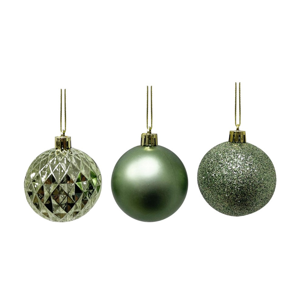 8PK 6CM ARMY GREEN SHATTERPROOF BAUBLES IN PVC TURE & BLACK PDQ