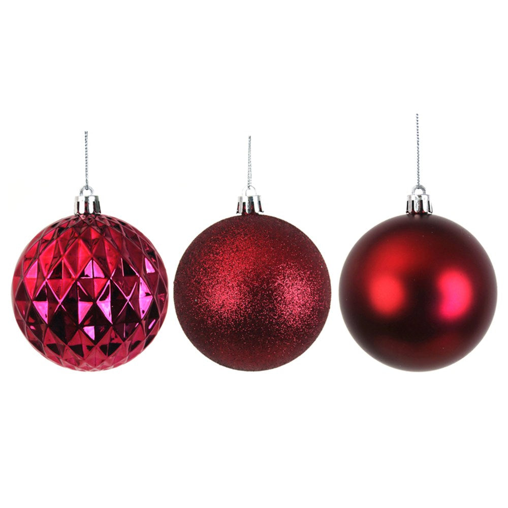 4PK 8CM MULBERRY RED SHATTERPROOF BAUBLES IN PVC TUBE & BLACK PDQ