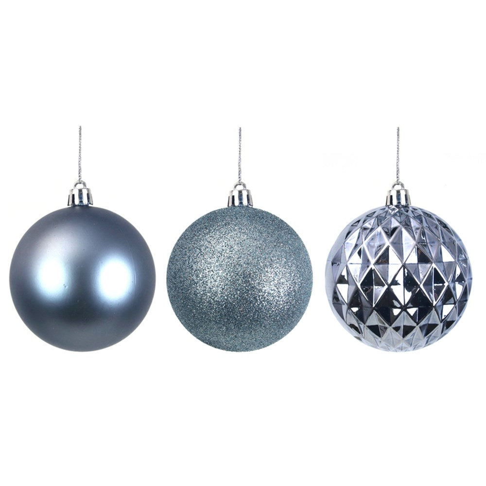 4PK 8CM ARCTIC BLUE SHATTERPROOF BAUBLES IN PVC TUBE & BLACK PDQ
