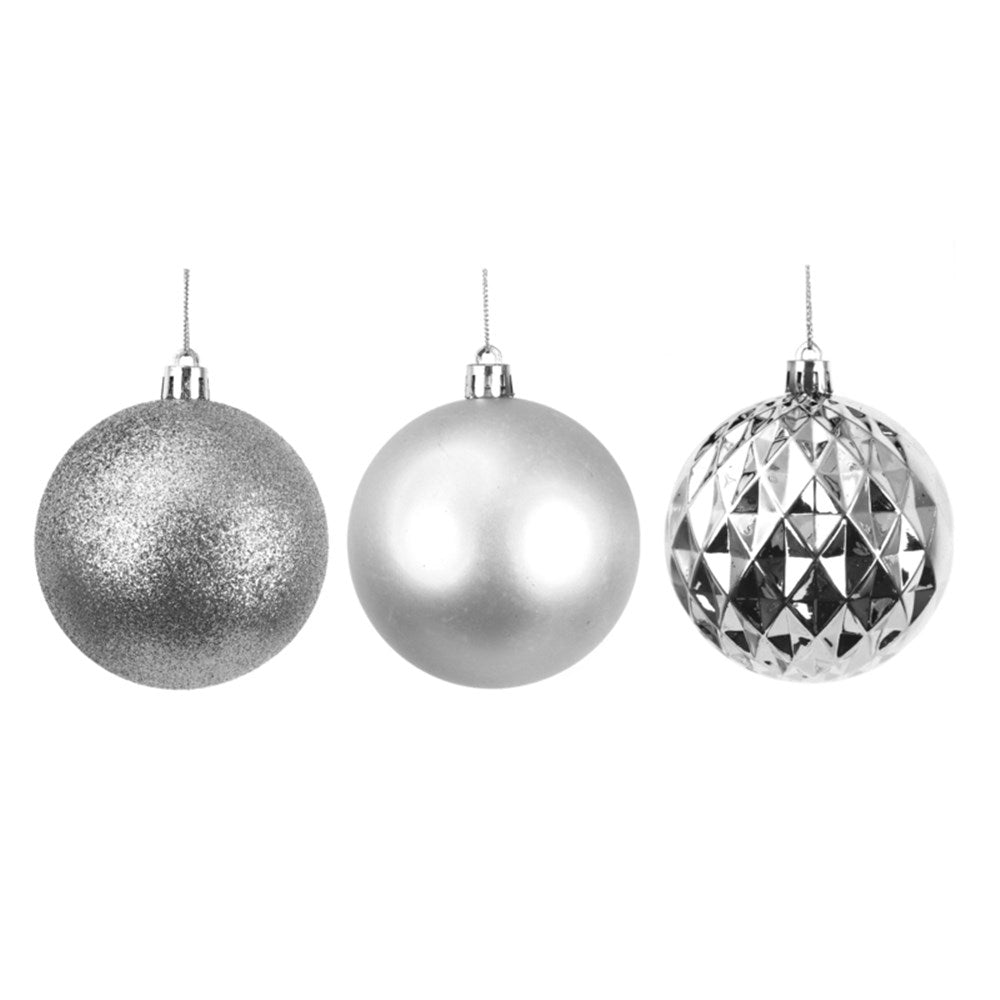 4PK 8CM SILVER SHATTERPROOF BAUBLE IN PVC TUBE & BLACK PDQ