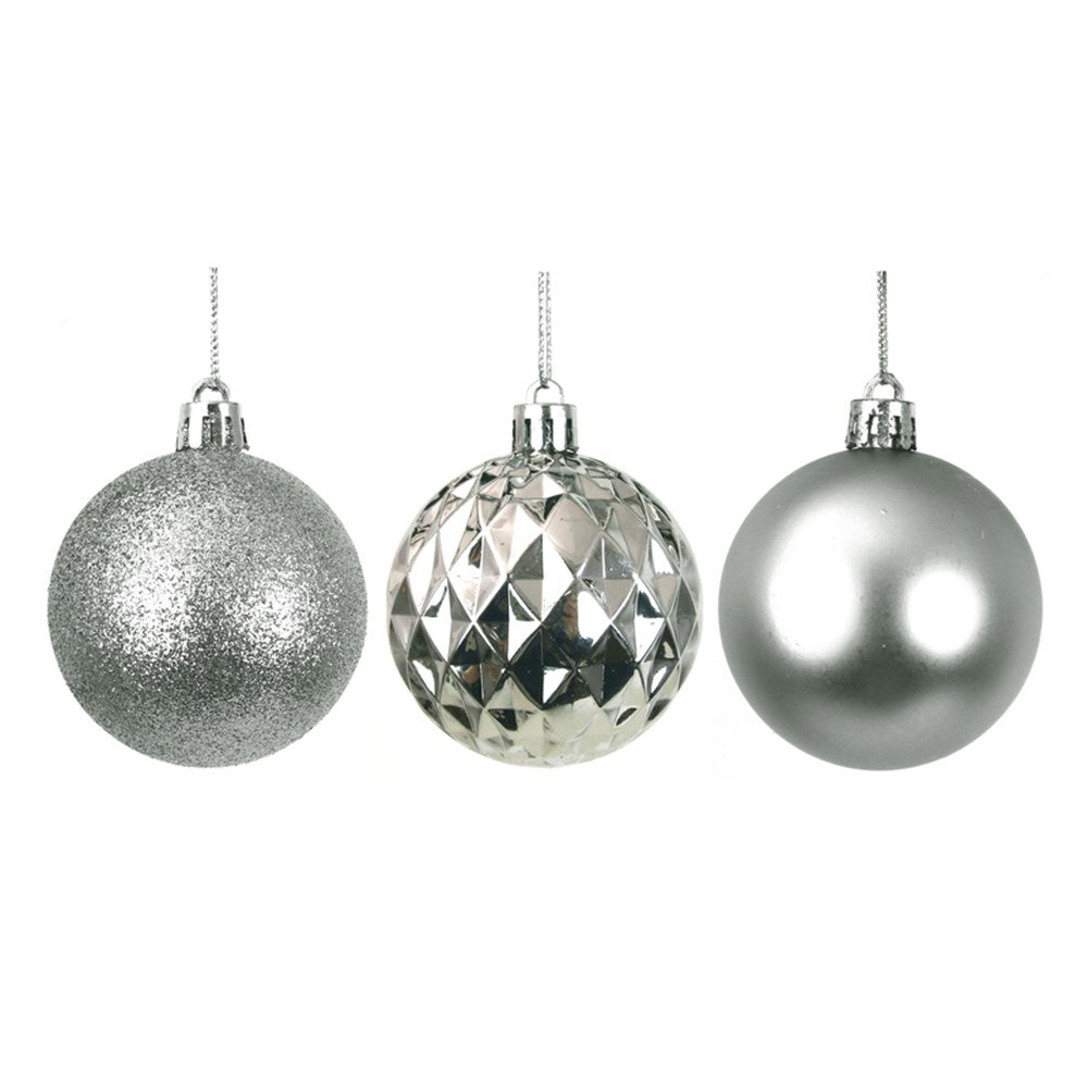 10PK 5CM SILVER SHATTERPROOF BAUBLES IN PVC TUBE & BLACK PDQ