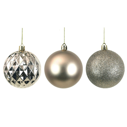4PK 8CM LIGHT CHAMPAGNE SHATTERPROOF BAUBLES IN PVC TUBE & BLACK PDQ