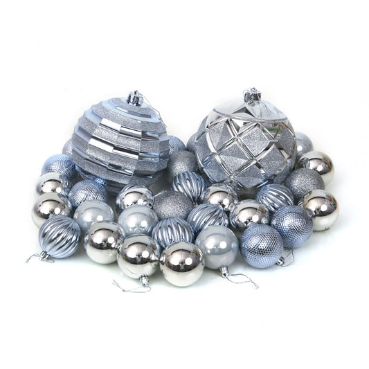 32PC SHATTERPROOF BAUBLES SILVER & ARCTIC BLUE 30X6CM 2X15CM