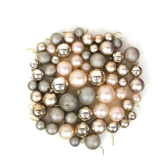 60PK CHAMPAGNE BAUBLES IN PVC TUB 18X4CM, 20X5CM, 16X6CM, 6X7CM