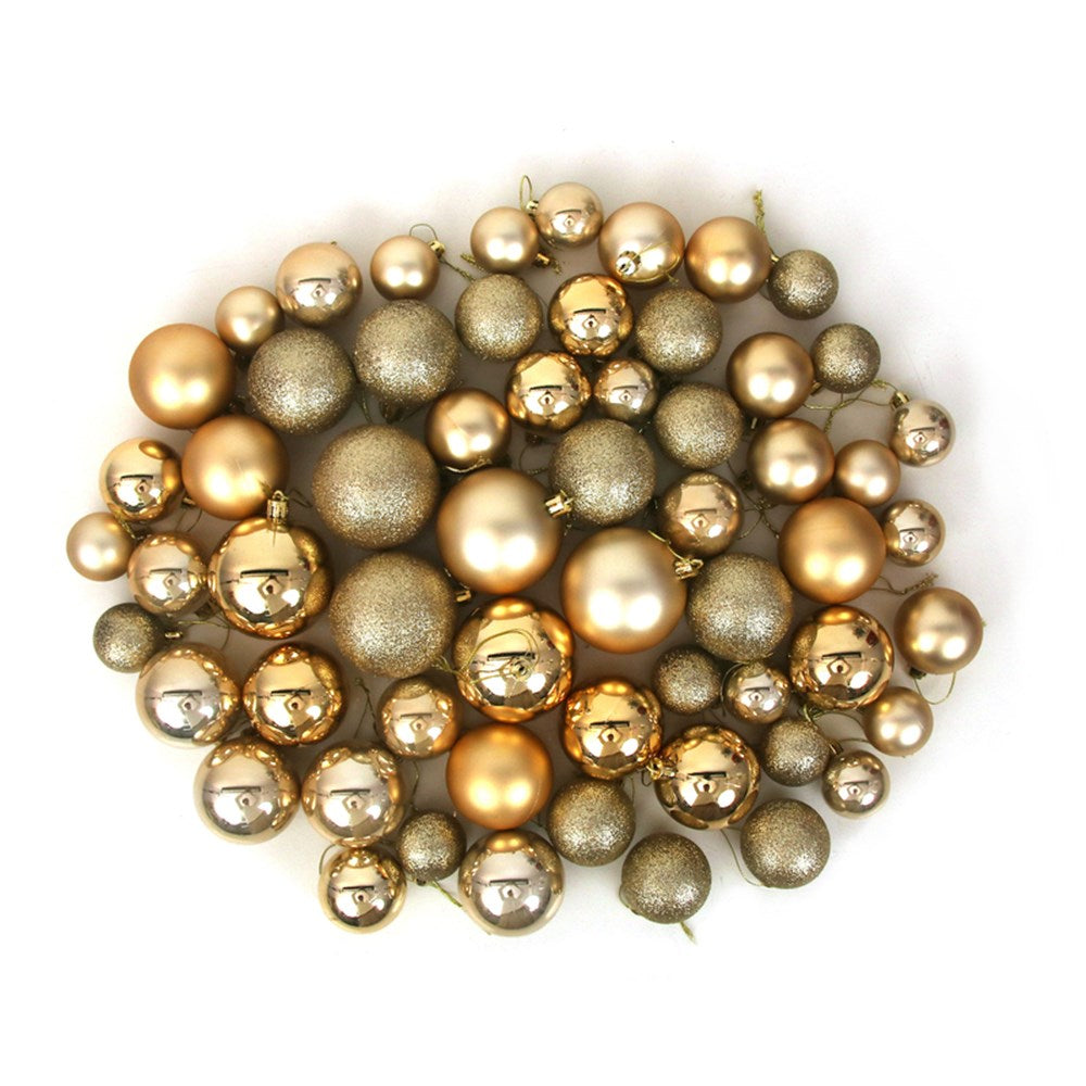 60PK GOLD SHATTERPROOF BAUBLES 18X4CM, 20X5CM, 16X6CM, 6X7CM