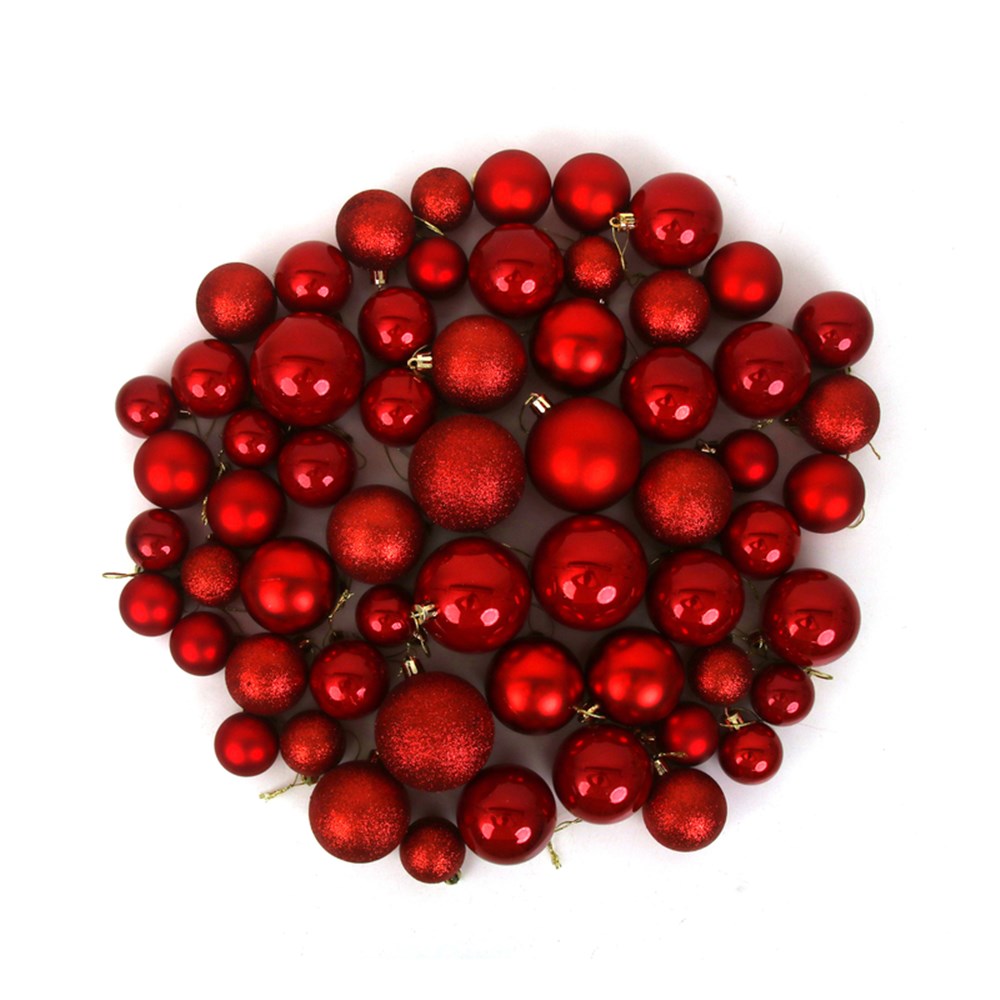 60PK RED SHATTERPROOF BAUBLES 18X4CM, 20X5CM, 16X6CM, 6X7CM