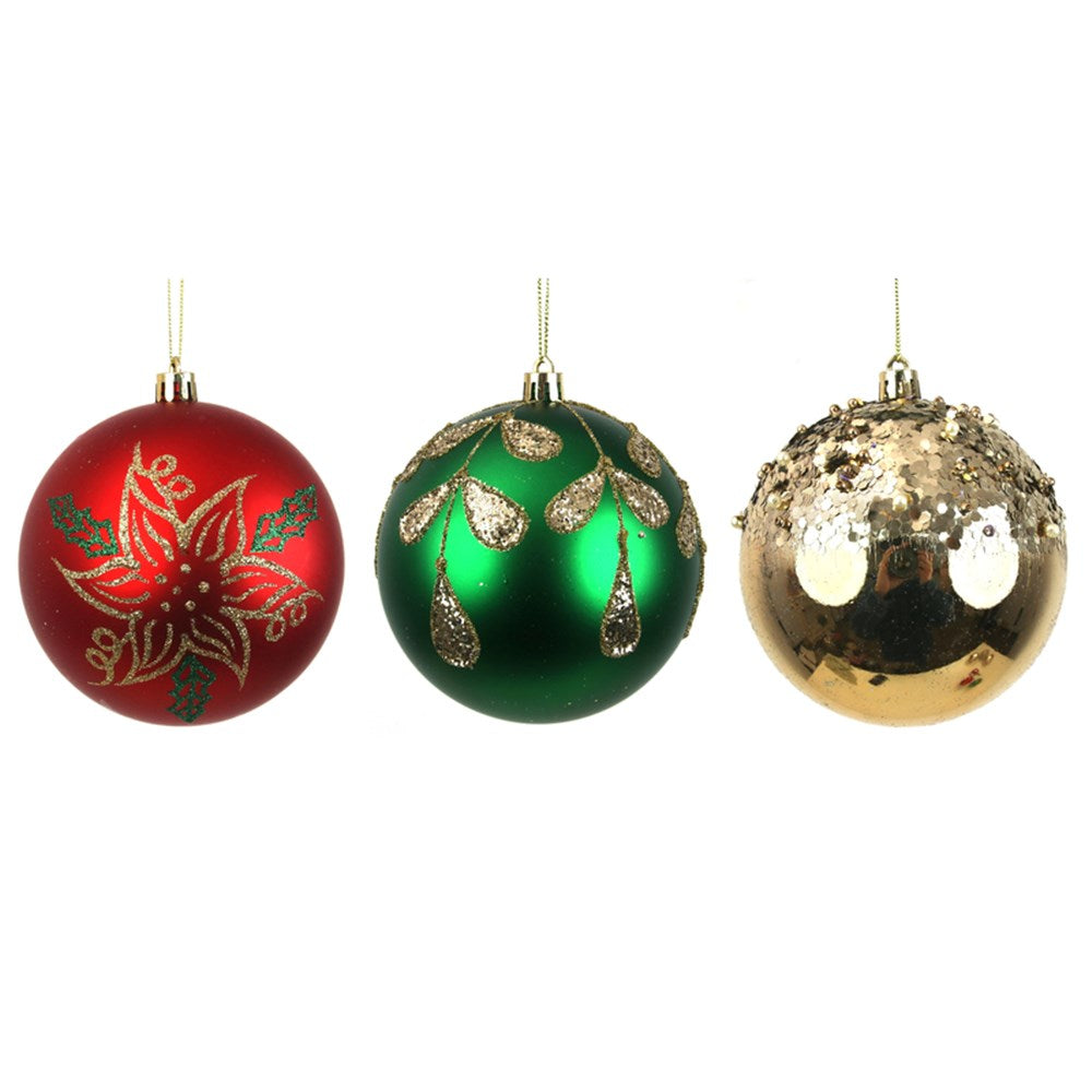 3A 10CM SHATTERPROOF BAUBLES W/GOLD GLITTER DETAILS GOLD, GREEN, RED IN BLACK PDQ