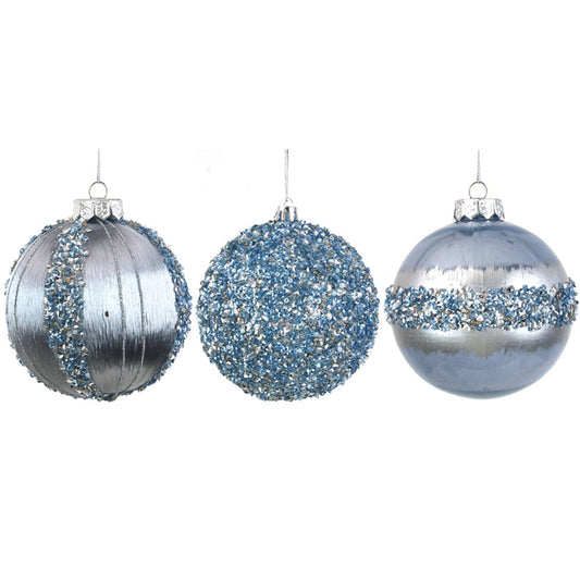 3A 10CM ARCTIC BLUE BAUBLES W/GLITTER DETAILS IN PDQ