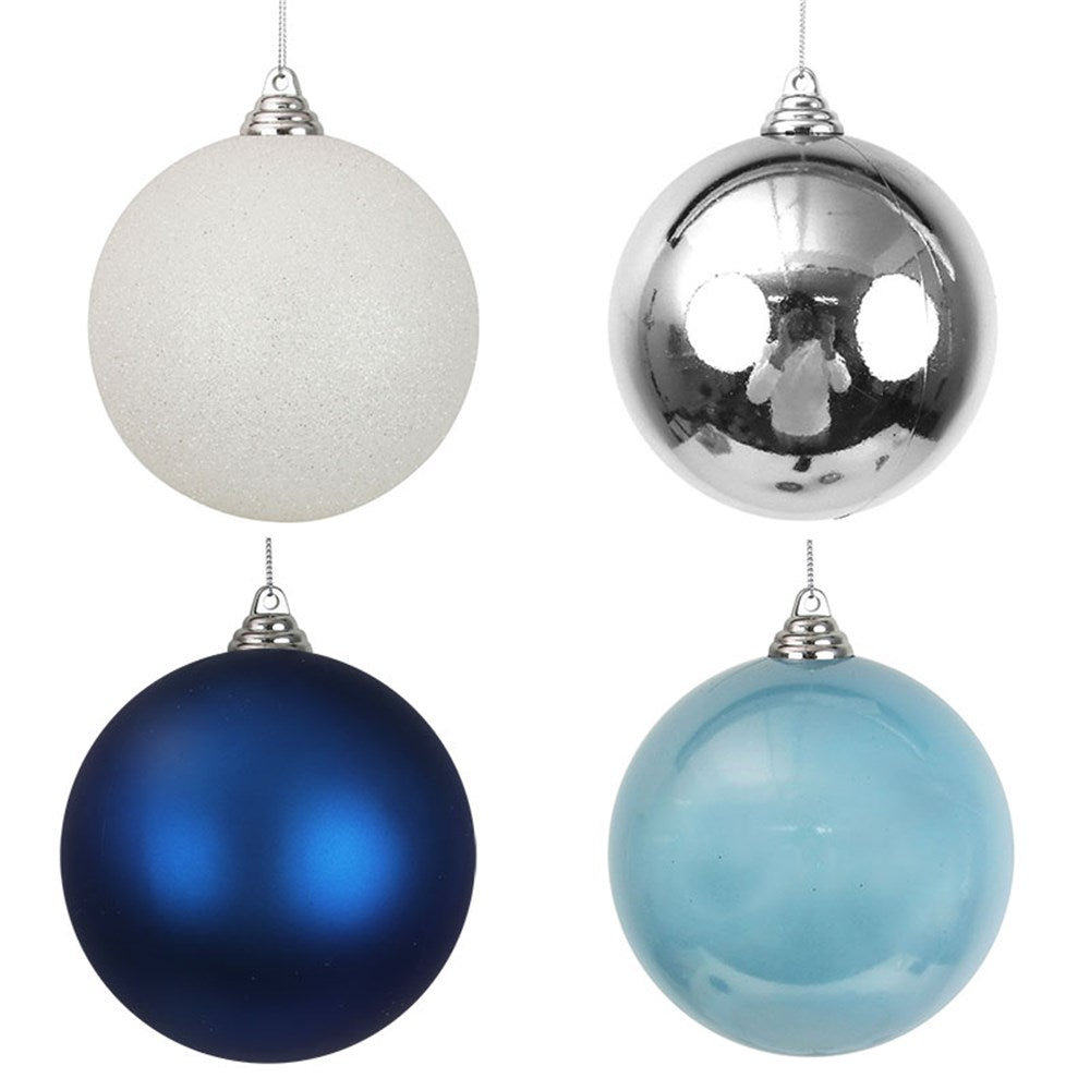 4A 12CM SHATTERPROOF BAUBLE IN BLACK PDQ SILVER GLOSS, WHITE GLITTER, ARCTIC BLUE PEARL, ROYALE BLUE MATT