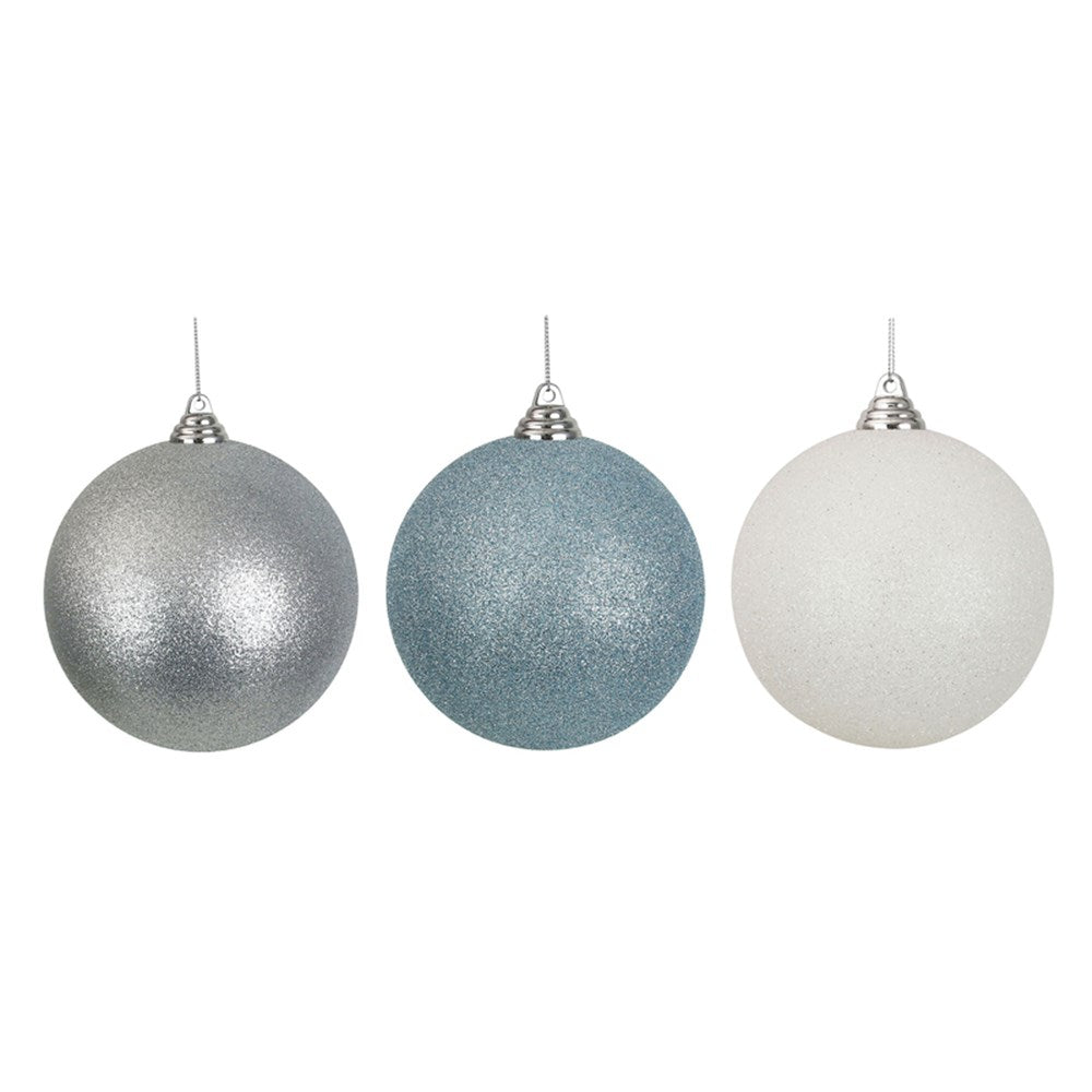3A 14CM SHATTERPROOF BALLS ARTIC BLUE GLITTER, WHITE GLITTER, SILVER GLITTER IN BLACK PDQ