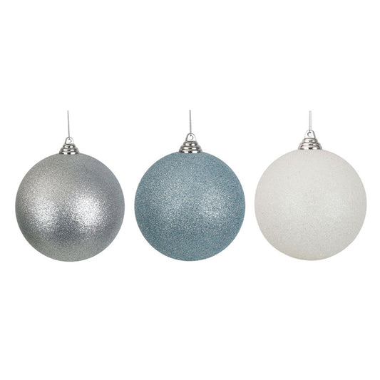 3A 14CM SHATTERPROOF BALLS ARTIC BLUE GLITTER, WHITE GLITTER, SILVER GLITTER IN BLACK PDQ