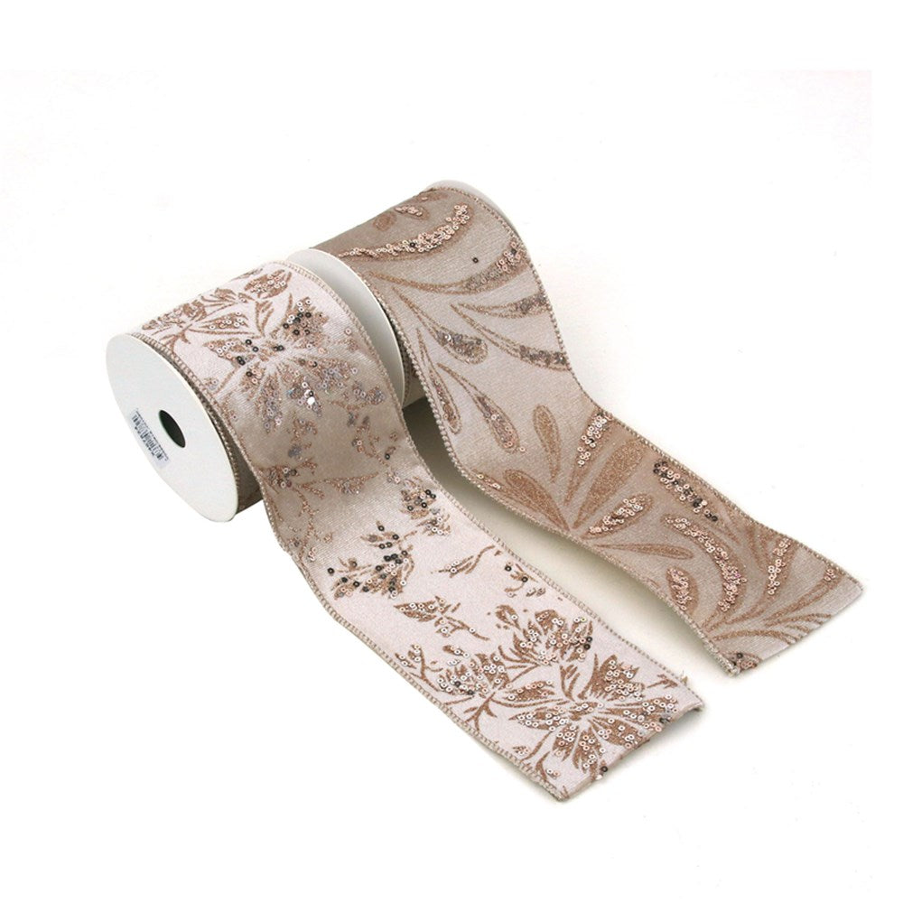 2A 9CM X 5M CHAMPAGNE VELVET RIBBON W/GLITTER DETAILS