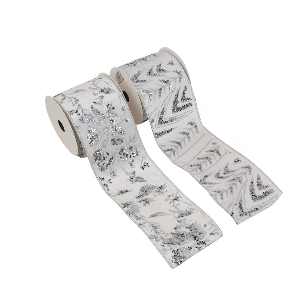 2A 9CM X 5M WHITE VELVET RIBBON W/GLITTER DETAILS
