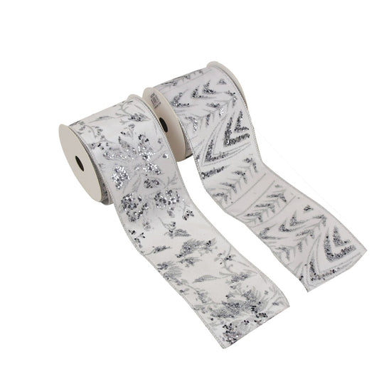 2A 9CM X 5M WHITE VELVET RIBBON W/GLITTER DETAILS