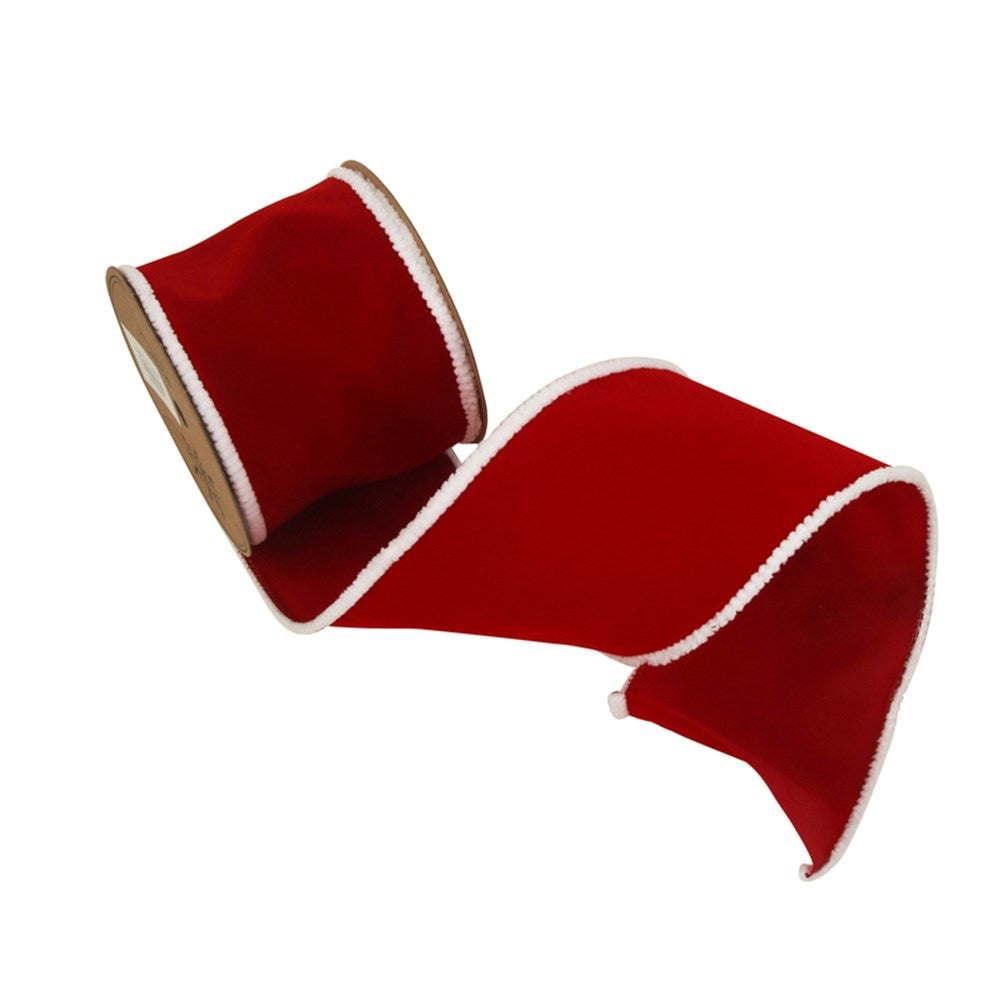 10CM X 5M RED VELVET RIBBON W/WHITE WIRE EDGING