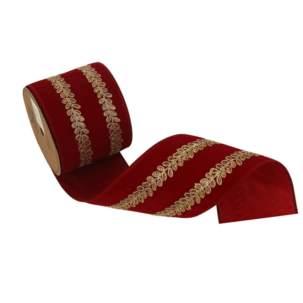 10CM X 5M RED VELVET RIBBON W/CHAMPAGNE LEAF EMBROIDERY