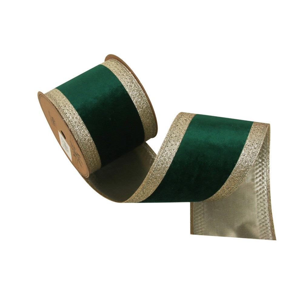 10X5M EMERALD GREEN VELVET RIBBON W/CHAMPAGNE EDGING