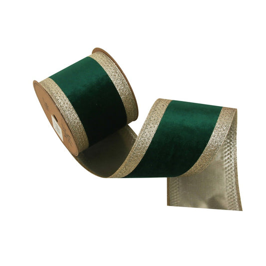 10X5M EMERALD GREEN VELVET RIBBON W/CHAMPAGNE EDGING