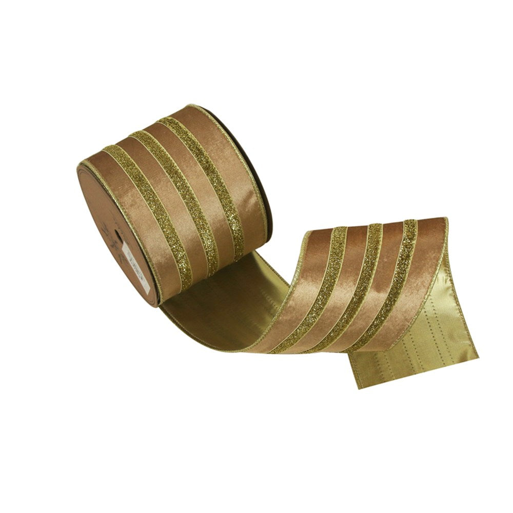 10CM X 5M GOLD VELVET RIBBON W/GOLD SPARKLY DETAILS WIRED EDGING