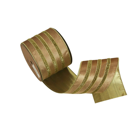 10CM X 5M GOLD VELVET RIBBON W/GOLD SPARKLY DETAILS WIRED EDGING
