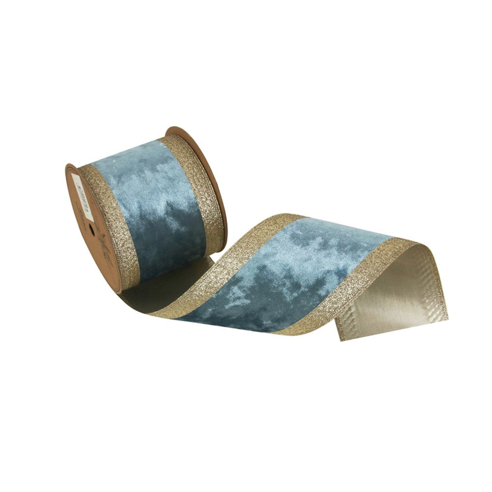 10CM X 5M SKY BLUE VELVET RIBBON W/CHAMPAGNE EDGING