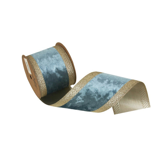 10CM X 5M SKY BLUE VELVET RIBBON W/CHAMPAGNE EDGING