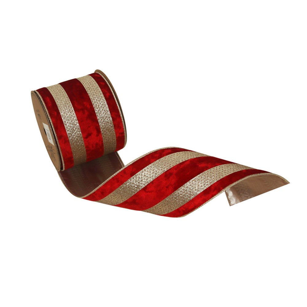 10CM X 5M RED VELVET RIBBON W/CHAMPAGNE DETAILS & WIRE EDGING