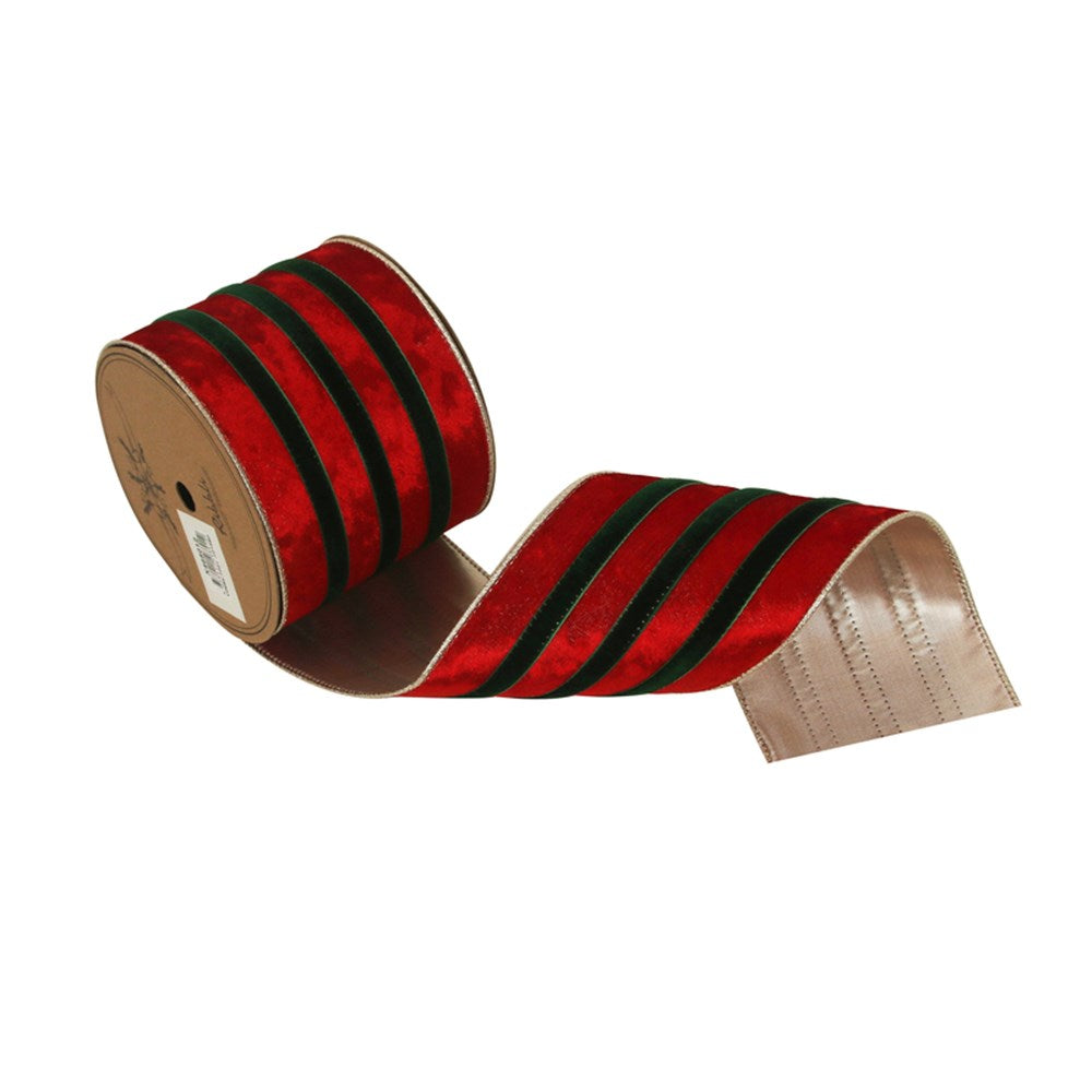 10CM X 5M RED VELVET RIBBON W/GREEN INSERTS & WIRE EDGING