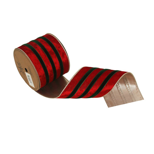 10CM X 5M RED VELVET RIBBON W/GREEN INSERTS & WIRE EDGING