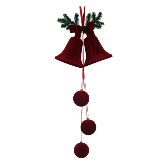 58X29CM BURGUNDY FLOCKED BELLS W/HANGING BALLS