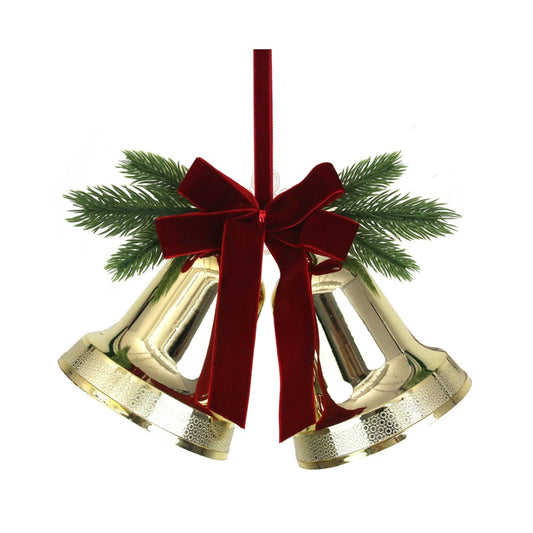 25X18CM GOLD PLASTIC BELLS W/BURGUNDY VELVET RIBBON
