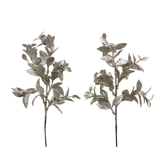 2A 38CM GLITTER LEAF STEM CHAMPAGNE, PLATINUM