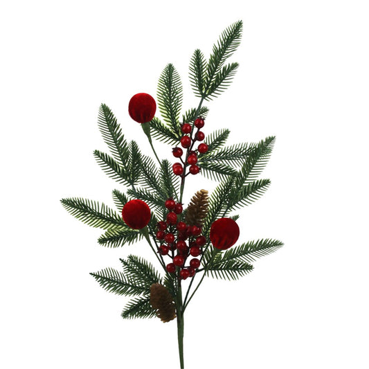 50CM FAUX PINE DROP W/BERRIES & FLOCKED BURGUNDY BALLS