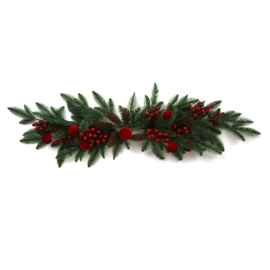 105CM FAUX PINE TABLE DISPLAY W/BERRIES & FLOCKED BURGUNDY BALLS