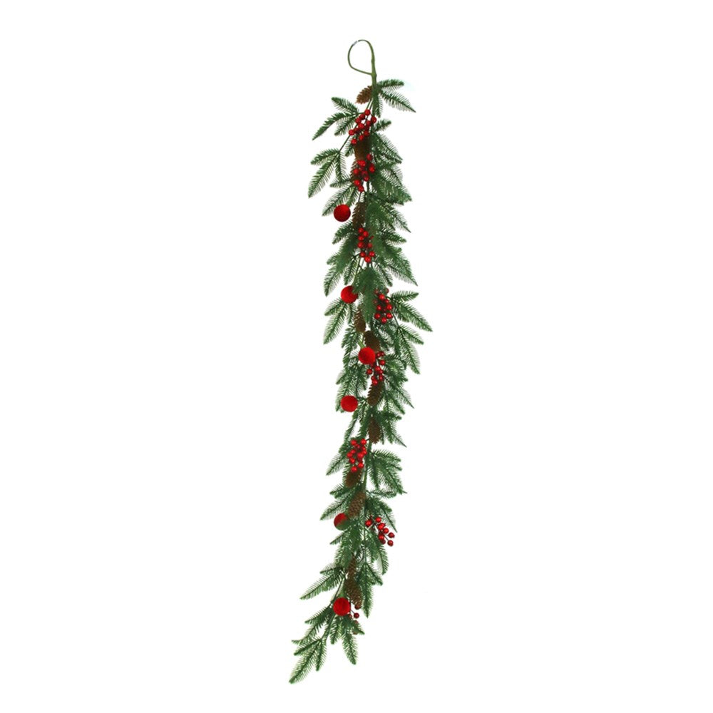 165CM PINE GARLAND W/BURGUNDY FLOCKED BALLS