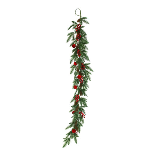 165CM PINE GARLAND W/BURGUNDY FLOCKED BALLS