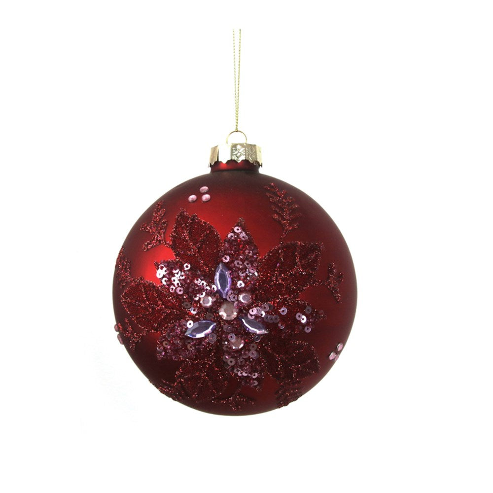 12CM BURGUNDY GLASS BAUBLE W/HAND PAINTED FINISHES