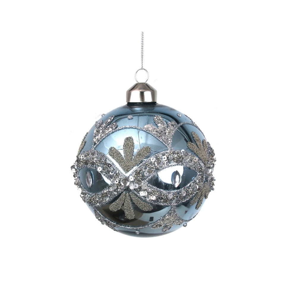 10CM ARCTIC BLUE GLASS BALL W/SILVER HANDPAINTED DETAILS