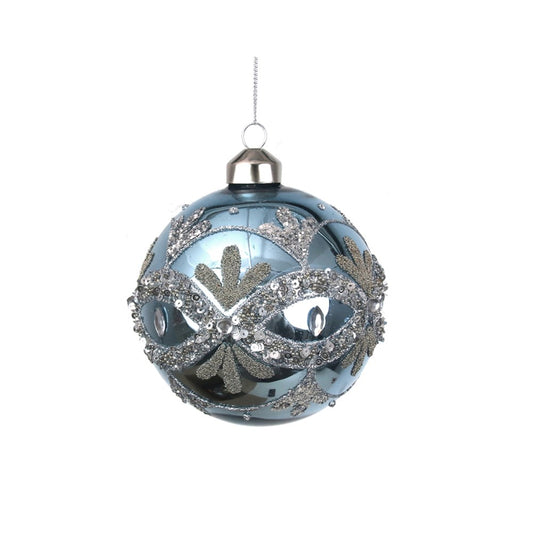 10CM ARCTIC BLUE GLASS BALL W/SILVER HANDPAINTED DETAILS