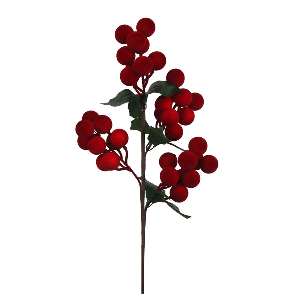 52CM FLOCKED RED BERRIES W/LEAVES