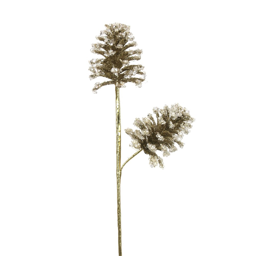 71CM 2 FAUX CHAMPAGNE PINE CONES ON PICK W/ICE FINISH