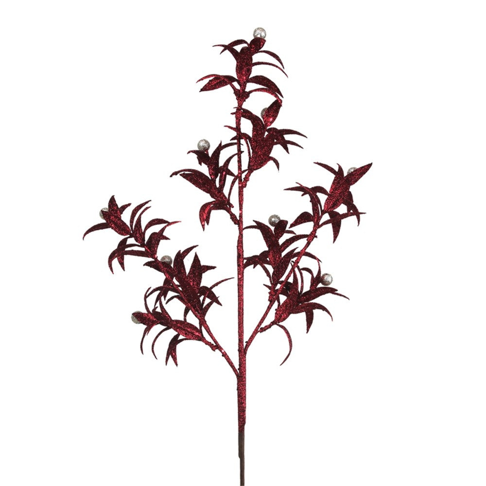 64CM CHERRY RED GLITTER LEAF STEM W/CHAMPAGNE BALLS