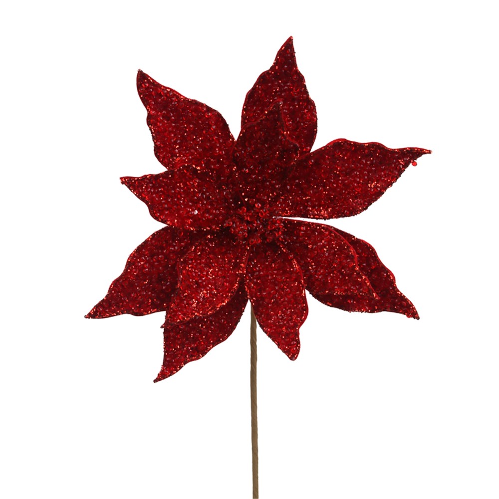 27CM RED VELVET BEADED POINSETTIA 50CM STEM