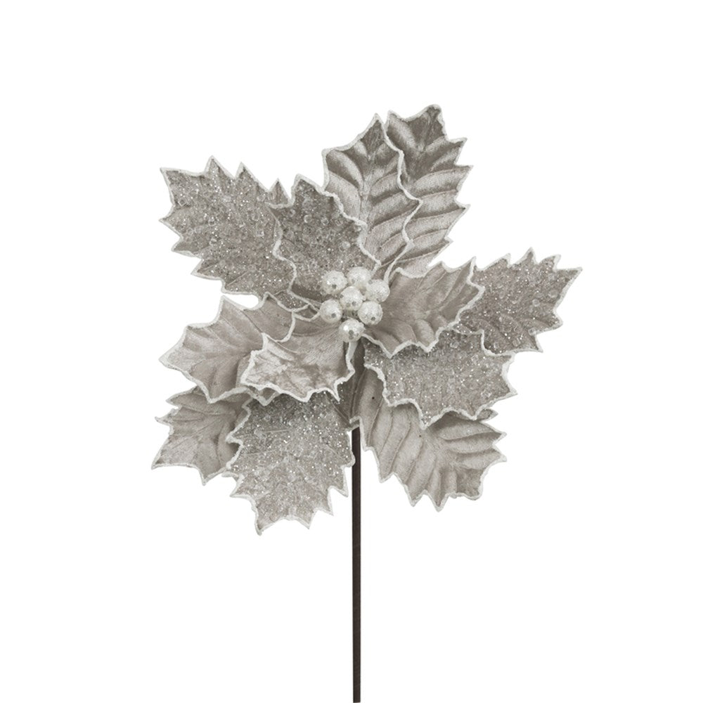 28CM PLATINUM VELVET POINSETTIA W/FROST EDGING 50CM STEM