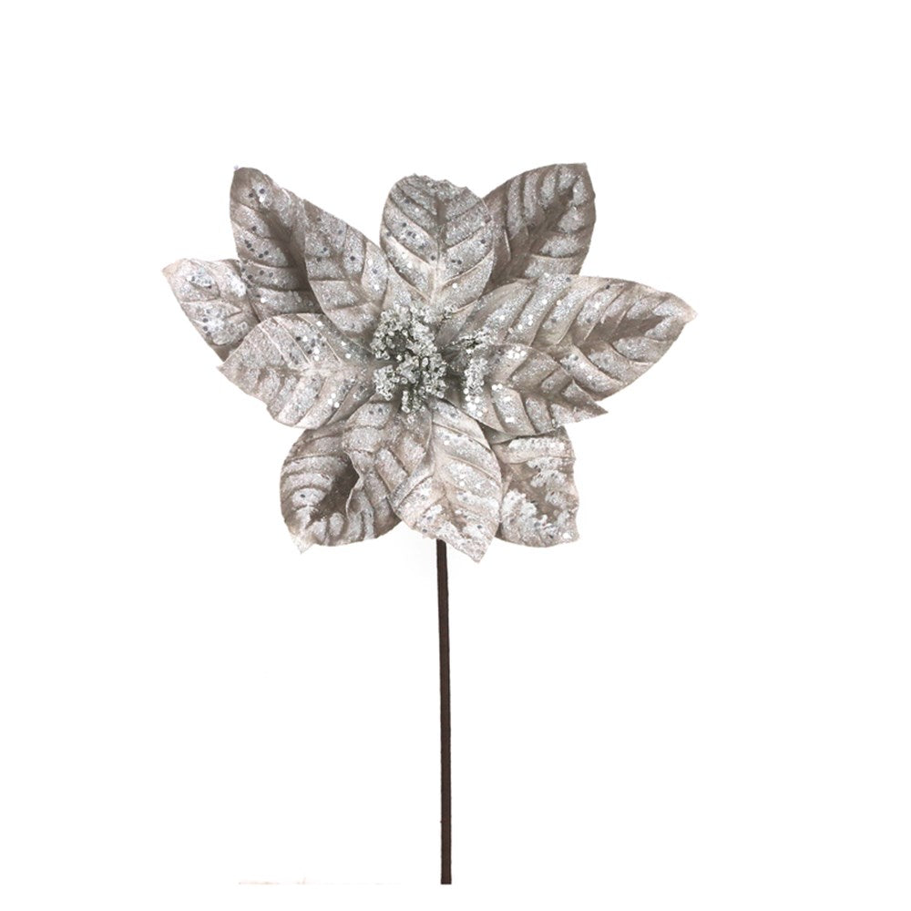 30CM PLATINUM VELVET POINSETTIA W/GLITTER DETAILS 50CM STEM