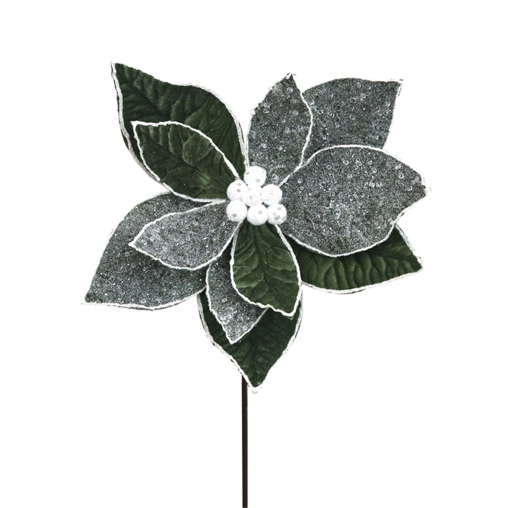 26CM SAGE VELVET POINSETTIA W/WHITE DETAILS 50CM STEM