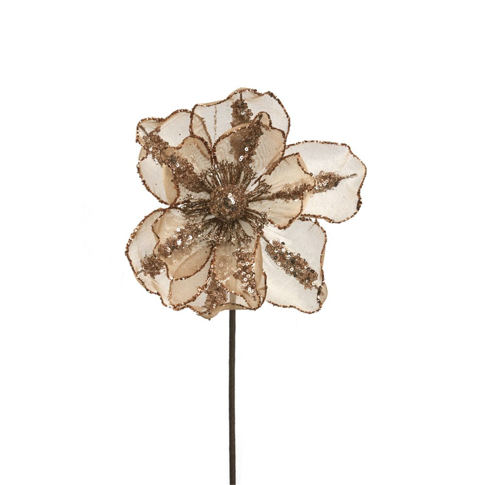 23CM ORGANZA MAGNOLIA W/ROSE GOLD GLITTER FINISH
